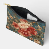 ヴィンテージ絶妙な白と緑豊かなサンゴ赤い花 アクセサリーポーチ (見開き)