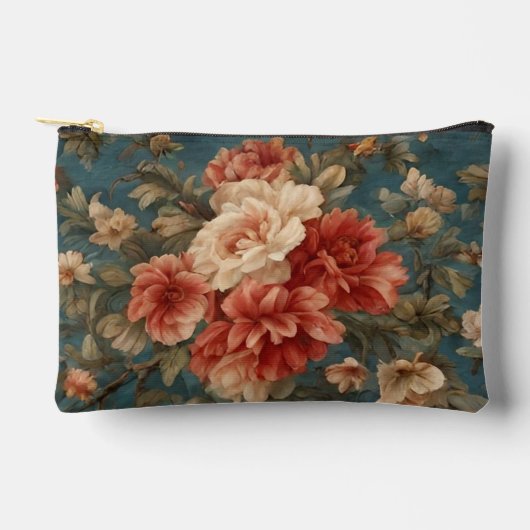 ヴィンテージ絶妙な白と緑豊かなサンゴ赤い花 アクセサリーポーチ (正面)