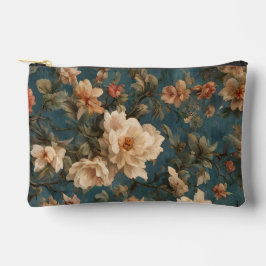 ヴィンテージ絶妙な白と緑豊かなサンゴ赤い花 アクセサリーポーチ