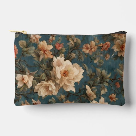 ヴィンテージ絶妙な白と緑豊かなサンゴ赤い花 アクセサリーポーチ (正面)