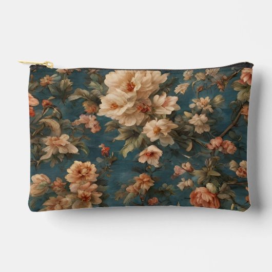 ヴィンテージ絶妙な白と緑豊かなサンゴ赤い花 アクセサリーポーチ (正面)