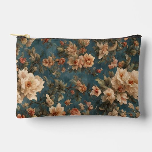 ヴィンテージ絶妙な白と緑豊かなサンゴ赤い花 アクセサリーポーチ (正面)