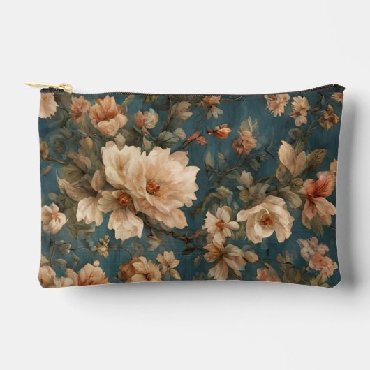 ヴィンテージ絶妙な白と緑豊かなサンゴ赤い花 アクセサリーポーチ (正面)