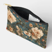 ヴィンテージ絶妙な白と緑豊かなサンゴ赤い花 アクセサリーポーチ (見開き)