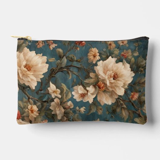 ヴィンテージ絶妙な白と緑豊かなサンゴ赤い花 アクセサリーポーチ (正面)