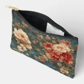 ヴィンテージ絶妙な白と緑豊かなサンゴ赤い花 アクセサリーポーチ (見開き)