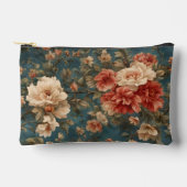 ヴィンテージ絶妙な白と緑豊かなサンゴ赤い花 アクセサリーポーチ (正面)