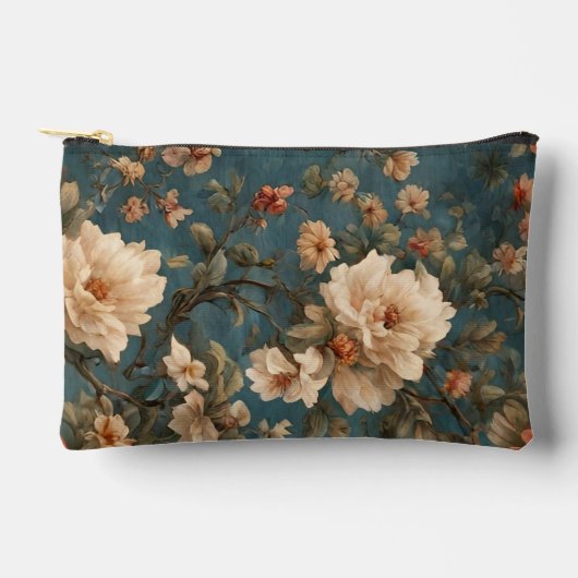 ヴィンテージ絶妙な白と緑豊かなサンゴ赤い花 アクセサリーポーチ (正面)