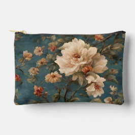 ヴィンテージ絶妙な白と緑豊かなサンゴ赤い花 アクセサリーポーチ