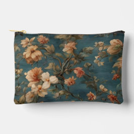 ヴィンテージ絶妙な白と緑豊かなサンゴ赤い花 アクセサリーポーチ