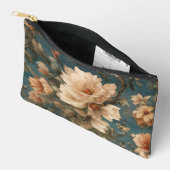 ヴィンテージ絶妙な白と緑豊かなサンゴ赤い花 アクセサリーポーチ (見開き)