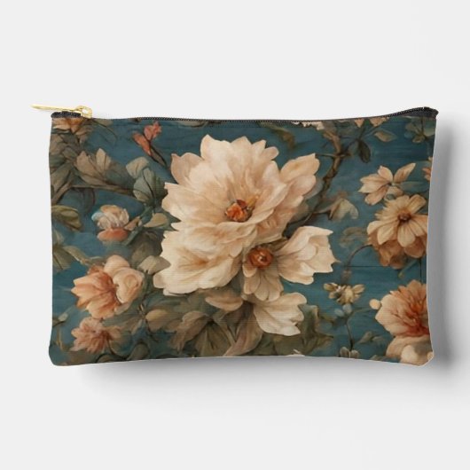 ヴィンテージ絶妙な白と緑豊かなサンゴ赤い花 アクセサリーポーチ (正面)