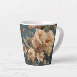 ヴィンテージ絶妙な白と緑豊かなサンゴ赤い花 カフェラテマグ