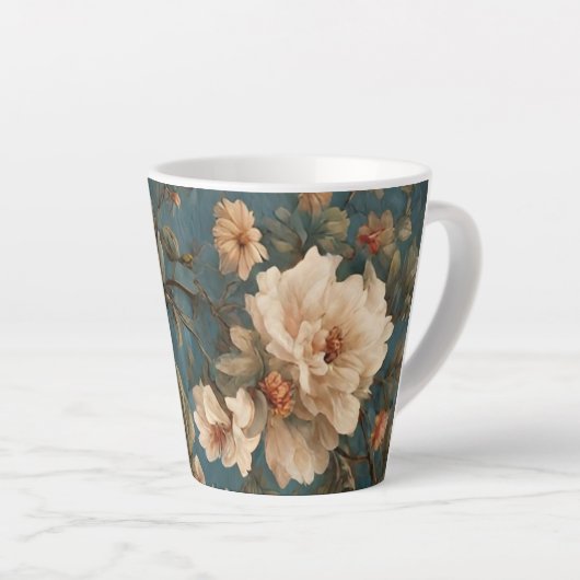 ヴィンテージ絶妙な白と緑豊かなサンゴ赤い花 カフェラテマグ (右アングル)