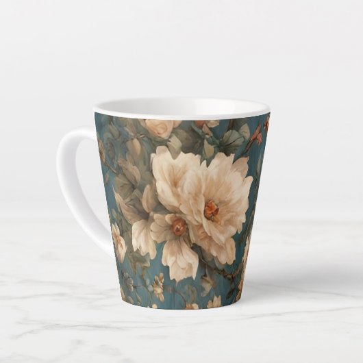 ヴィンテージ絶妙な白と緑豊かなサンゴ赤い花 カフェラテマグ (左アングル)