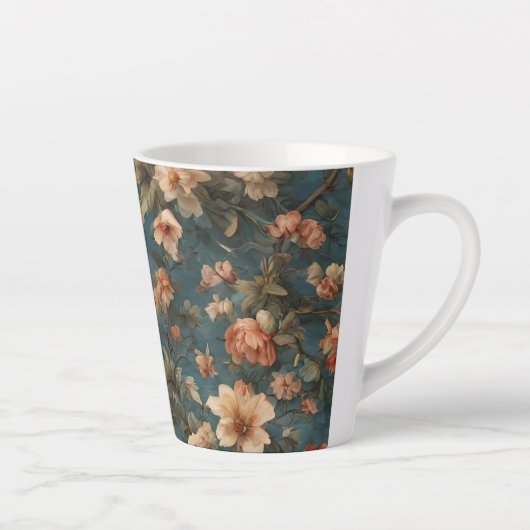 ヴィンテージ絶妙な白と緑豊かなサンゴ赤い花 カフェラテマグ (右)