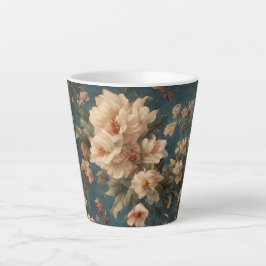 ヴィンテージ絶妙な白と緑豊かなサンゴ赤い花 カフェラテマグ