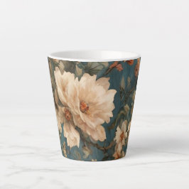 ヴィンテージ絶妙な白と緑豊かなサンゴ赤い花 カフェラテマグ