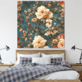 ヴィンテージ絶妙な白と緑豊かなサンゴ赤い花 キャンバスプリント (インサイチュ (寝室))