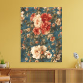 ヴィンテージ絶妙な白と緑豊かなサンゴ赤い花 キャンバスプリント (インサイチュ (リビング))