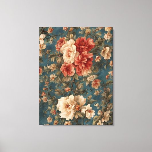 ヴィンテージ絶妙な白と緑豊かなサンゴ赤い花 キャンバスプリント (正面)