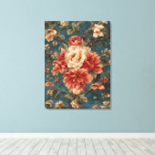 ヴィンテージ絶妙な白と緑豊かなサンゴ赤い花 キャンバスプリント (インサイチュ (ウッドフロア))