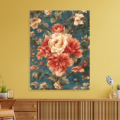 ヴィンテージ絶妙な白と緑豊かなサンゴ赤い花 キャンバスプリント (インサイチュ (リビング))