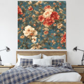 ヴィンテージ絶妙な白と緑豊かなサンゴ赤い花 キャンバスプリント (インサイチュ (寝室))