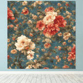 ヴィンテージ絶妙な白と緑豊かなサンゴ赤い花 キャンバスプリント (インサイチュ (ウッドフロア))