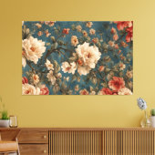 ヴィンテージ絶妙な白と緑豊かなサンゴ赤い花 キャンバスプリント (インサイチュ (リビング))