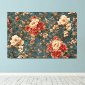 ヴィンテージ絶妙な白と緑豊かなサンゴ赤い花 キャンバスプリント (インサイチュ (ウッドフロア))