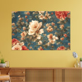 ヴィンテージ絶妙な白と緑豊かなサンゴ赤い花 キャンバスプリント (インサイチュ (リビング))