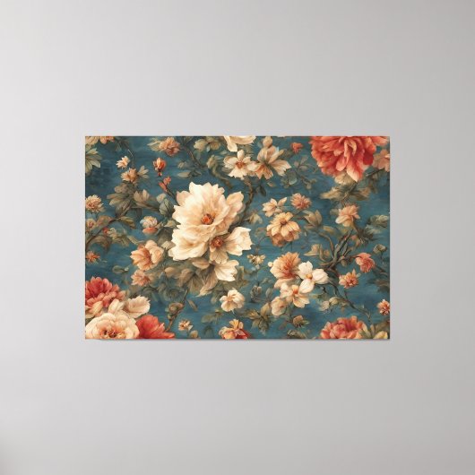 ヴィンテージ絶妙な白と緑豊かなサンゴ赤い花 キャンバスプリント (正面)