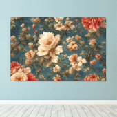 ヴィンテージ絶妙な白と緑豊かなサンゴ赤い花 キャンバスプリント (インサイチュ (ウッドフロア))