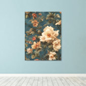 ヴィンテージ絶妙な白と緑豊かなサンゴ赤い花 キャンバスプリント (インサイチュ (ウッドフロア))