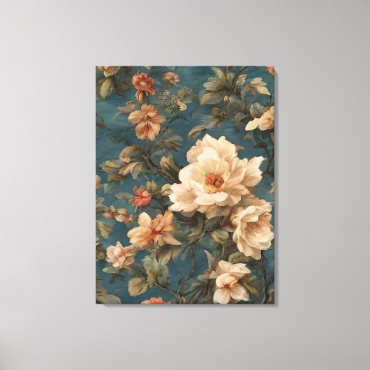 ヴィンテージ絶妙な白と緑豊かなサンゴ赤い花 キャンバスプリント (正面)