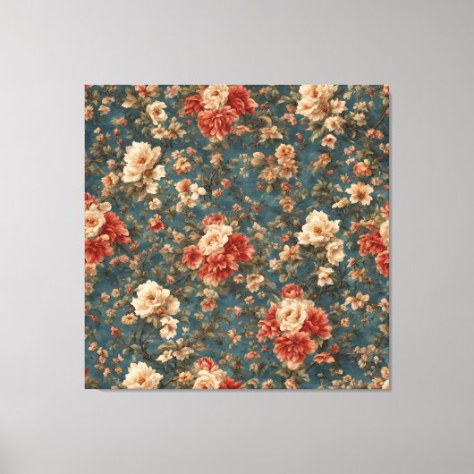 ヴィンテージ絶妙な白と緑豊かなサンゴ赤い花 キャンバスプリント (正面)