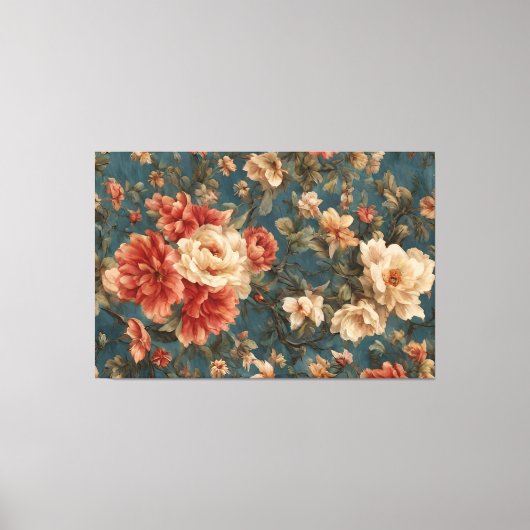 ヴィンテージ絶妙な白と緑豊かなサンゴ赤い花 キャンバスプリント (正面)