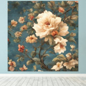 ヴィンテージ絶妙な白と緑豊かなサンゴ赤い花 キャンバスプリント (インサイチュ (ウッドフロア))