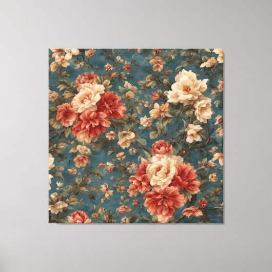 ヴィンテージ絶妙な白と緑豊かなサンゴ赤い花 キャンバスプリント (正面)