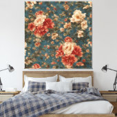 ヴィンテージ絶妙な白と緑豊かなサンゴ赤い花 キャンバスプリント (インサイチュ (寝室))