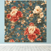 ヴィンテージ絶妙な白と緑豊かなサンゴ赤い花 キャンバスプリント (インサイチュ (ウッドフロア))