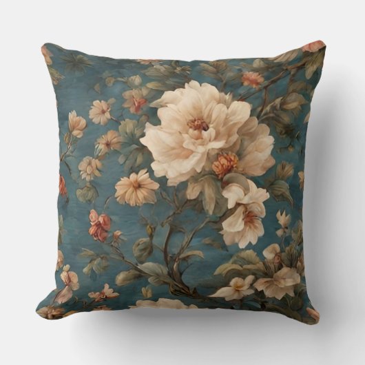 ヴィンテージ絶妙な白と緑豊かなサンゴ赤い花 クッション (正面)