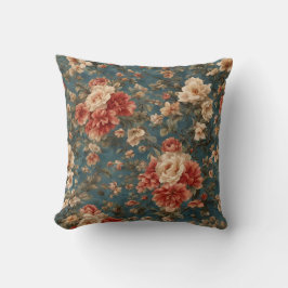 ヴィンテージ絶妙な白と緑豊かなサンゴ赤い花 クッション