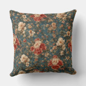 ヴィンテージ絶妙な白と緑豊かなサンゴ赤い花 クッション (裏面)