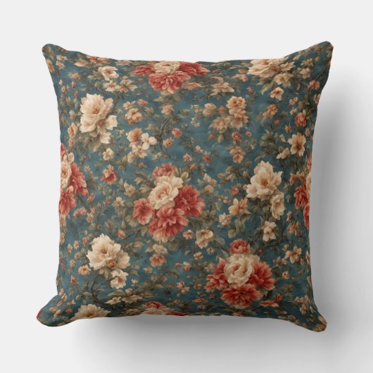 ヴィンテージ絶妙な白と緑豊かなサンゴ赤い花 クッション (正面)