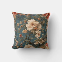 ヴィンテージ絶妙な白と緑豊かなサンゴ赤い花 クッション