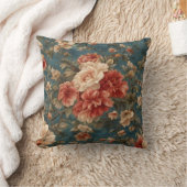 ヴィンテージ絶妙な白と緑豊かなサンゴ赤い花 クッション (ブランケット)