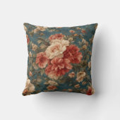 ヴィンテージ絶妙な白と緑豊かなサンゴ赤い花 クッション (裏面)