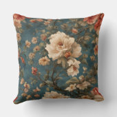 ヴィンテージ絶妙な白と緑豊かなサンゴ赤い花 クッション (裏面)